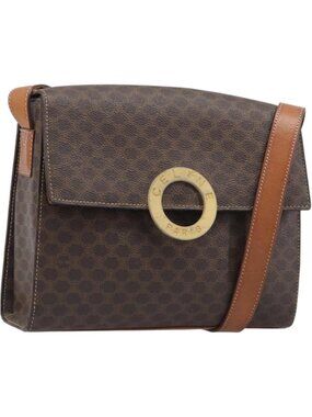 CELINE Macadam Canvas Circle Shoulder Bag PVC Leather Brown Gold